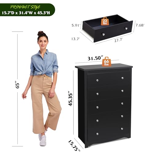 WLIVE Wooden Dresser with 5 Drawers, 45" Tall Black Dresser for Bedroom, Chest of Drawers, Storage Cabinet and Organizer Drawers for Living Room, Hallway, Closet - color: Black, size: 5 Drawers