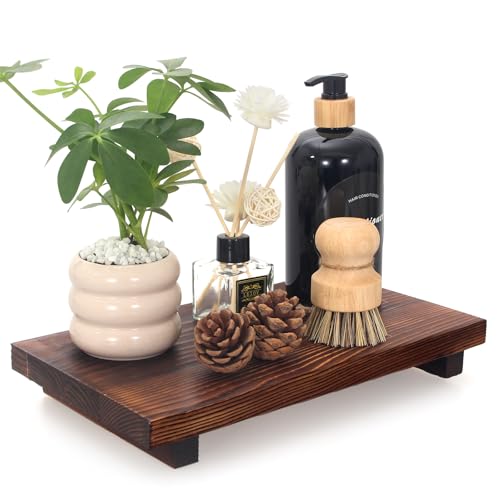 Farmhouse Bathroom Vanity Tray Wood Pedestal Stand Kitchen Countertop Trays Decorative Wooden Risers Dish Soap Dispenser Holder for Kitchen Counter Decor Modern Bathroom Sink Organizer Accessories - color: Brown, size: 12" x 7" x 1.6"