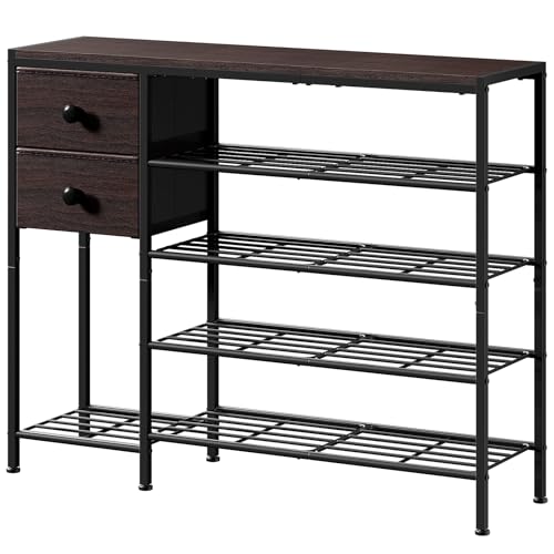 5-Tier Shoe Rack with 2 Fabric Drawers, Metal Frame and Wooden Board Shoe Organizer for 16-20 Pairs of Shoes, Shoe Shelf with Boots Storage for Entryway Closet Dark Brown - color: Dark Brown