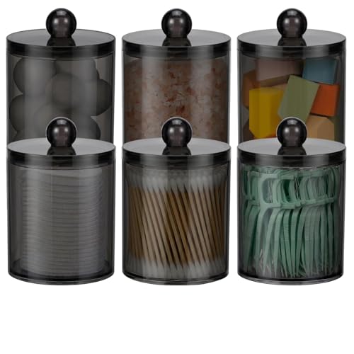 6 Pack Acrylic Qtip Holder Dispenser for Cotton Swabs, Balls, Pads, Floss Picks- Clear Plastic Canister Apothecary Jar Set, Bathroom Essentials Accessories Decor Vanity Makeup Storage Organizer -Black - color: Black, size: 6 Pack