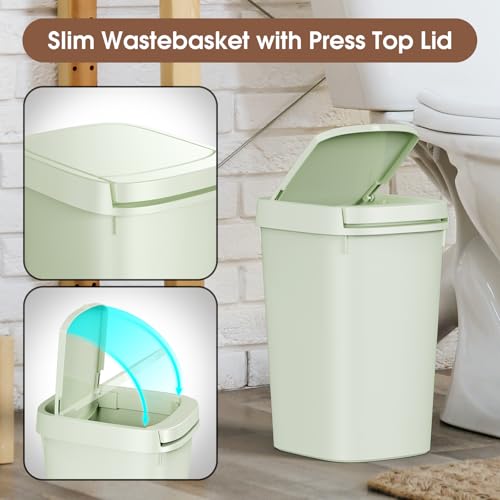CEROELDA 3 Pack Bathroom Trash Can with Lid, 10L/2.6 Gal Small Garbage Can with Press Top Lid, Slim Plastic Waste Basket for Toilet, Office, Bedroom (Green) - color: 3 Pack-Green
