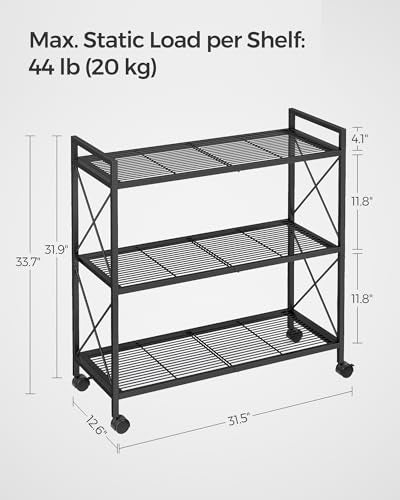 SONGMICS 3-Tier Metal Storage Rack with Wheels, Mesh Shelving Unit with X Side Frames, 31.5-Inch Width, for Entryway, Kitchen, Living Room, Bathroom, Industrial Style, Black UBSC183B01 - color: Black, size: 31.5"W