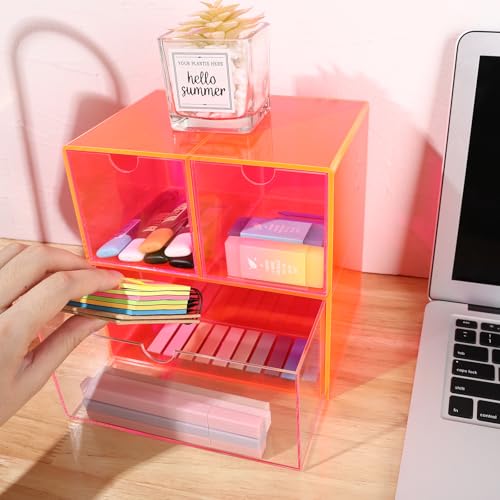 Gelite Desk Organizer with 3 Storage Drawers for Makeup Office Acrylic Desktop Drawer Organizer for Vanity Office Organization and Storage Box, Neon Pink - color: Neon Pink
