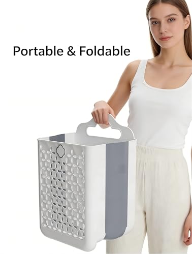 Collapsible Laundry Hamper, Household Foldable Dirty Wall Hanging Multi-Functional Hollow Storage Basket Large Capacity Storage Bucket, Plastic Collapsible Hanging Laundry Basket with Carry Handle