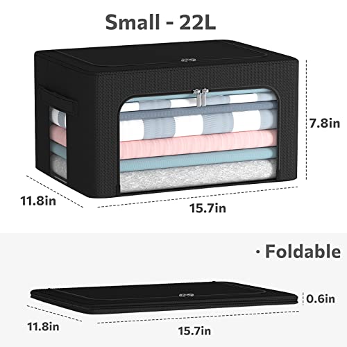 CYhom 3Pack Foldable Storage Bins - Frame Storage Box Linen Fabric Stackable Clothes Container Organizer with Clear Window & Carry Handles Large Capacity (Small-22L, Black) - color: Black, size: Small-22L