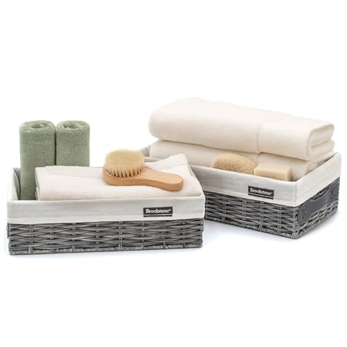 Brookstone Wicker Shelf Storage Basket Decorative Shelf Bin, bathroom organizers and storage, Boho Living Room Decor, Spring Storage 2026-2 Piece Set - color: Grey Two Pack with Handles