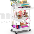 Goovilla 3 Tier Rolling Utility Cart Organizer with Removable Drawer, Stable and Sturdy White Rolling Storage Carts with 2 Lockable Wheels for Bathroom, Kitchen, Snack, Craft, Makeup, Baby Essentials - size: 3 Tier, style: White