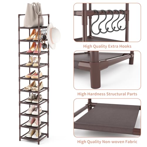 LANTEFUL Tall Shoe Rack 10-Tier Narrow Shoe Shelf Storage for 10-15 Pairs Shoe and Boot, Sturdy Shoe Storage Space Saving Corner Shoe Rack Organizer for Closet, Entryway, Living Room, Brown - color: Brown, size: 10 tiers