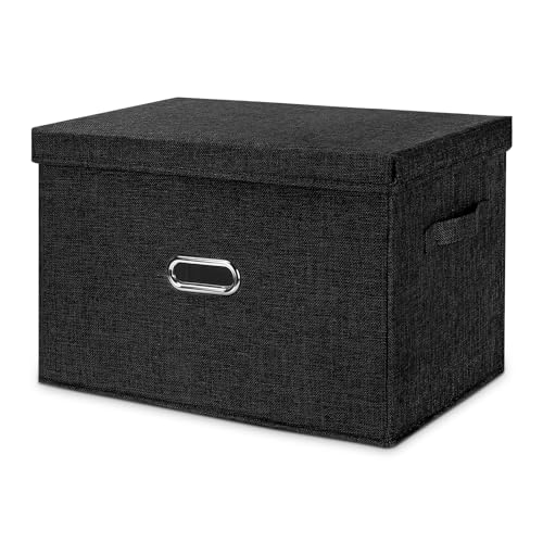 Large Linen Fabric Foldable Storage Bins with Removable Lid and Handles, Washable Storage Box Organizer Containers Baskets Cube with Cover for Bedroom,Office(Black, Large) - color: Black, size: Large