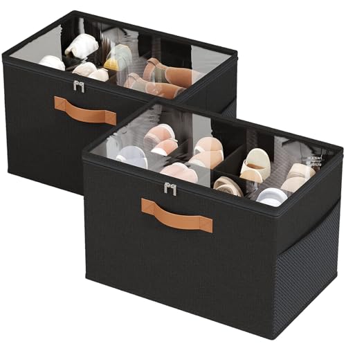 Shoe Organizer for Closet, 2-Pack Foldable Shoe Storage Box with Adjustable Dividers & Clear Cover, Fits 16 Pairs, Black, Durable and Space-Saving - color: Black, size: 2 Pack