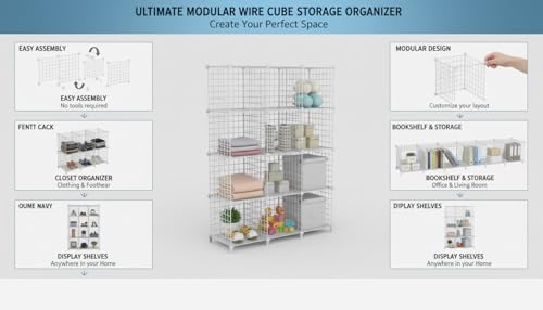 12-Cube Storage Organizer, Metal Wire Cube Shelving Unit, 11.8" L x 11.8" W x 11.8" H, Modular Grid Bookshelf for Closet, Bedroom, Office, White ATTJL12W - color: White