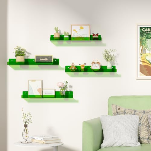 upsimples Acrylic Shelves for Wall Decor, 15" Display Shelf Perfume Organizer for Bathroom, Bedroom, Living Room, Floating Bookshelves for Kids, Clear Green, 4 Pack - color: Green