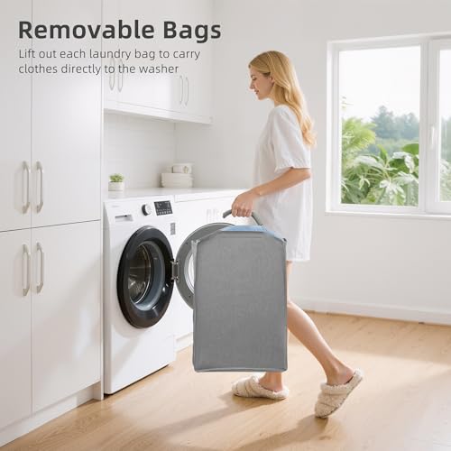 STORAGE MANIAC 4 Section Vertical Laundry Hamper, 2 Tier Laundry Sorter with 4 Removable Tote Bags, Rolling Clothes Basket for Towels, Blankets, Tall Dirty Clothes Hamper for Closet, Bathroom, 4 Bags - size: 4 Section