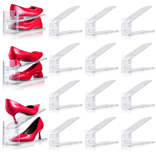 Adjustable Shoe Slots Organizer,12PACK Transparent Shoe Stackers Shoe Rack Holder Shoe Space Savers Double Layer Stack Shoe Racks for Closet Organization(Transparent) - color: Transparent, size: 12 Pack