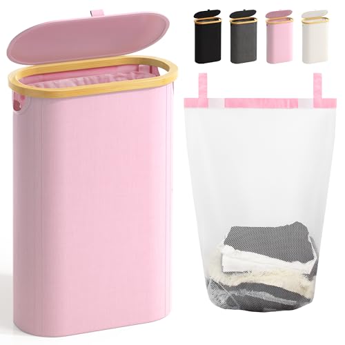 Slim Laundry Hamper with Lid, 60L Small Laundry Basket with Handles&Removable Bag, Thin Dirty Clothes Hampers for Laundry, Narrow Laundry Hampers for Bedroom Aesthetic, Pink - color: Pink, size: 60L