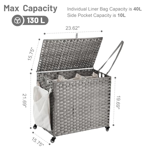 Laundry Hamper with Wheels, 34.3 Gallon(130L) Rolling Laundry Basket with Lid, 3-Section Rattan Clothes Hamper with 3 Removable Liner & 3 Mesh Bags, Laundry Sorter with Side Pocket, Grey - color: Grey, size: 130L（23.62 x 15.75 x 21.65 Inches）