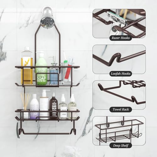 Shower Caddy Hanging over Shower Head Rust Roof Shower Organizer with 10 Hooks for Razor Shampoo Holder Bathroom Shower Rack Storage Shelf with Towel Bar – Bronze - color: A-Bronze