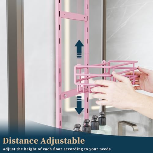 Consumest Over The Door Shower Caddy - 5 Tier Adjustable Shower Organizer Hanging with 2 Toothbrush Holders & 4 Hooks, Rustproof Organizer Shelf, Storage Rack for Bathroom, Pink - color: Pink, size: 5-Tier