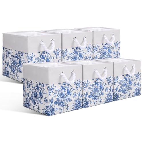 LemonRoad 6 Pcs Blue Floral Cube Storage Bins 11.22 Inch Square Storage Basket with Handle, Preppy Girls Organizer Basket, Collapsible Fabric Box for Classroom Bedrooms Office Home Decoration Giftad - color: Blue, size: 11.22 Inch, style: Floral