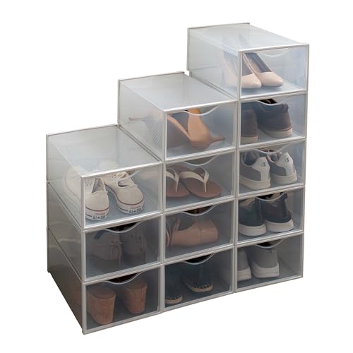 Simplify Set of 12 Stackable Shoe Boxes | Customizable | Fits Size 11 Shoes | Drop Front Design | Closet Storage | Sneakers | Heels | Clear and White - color: White