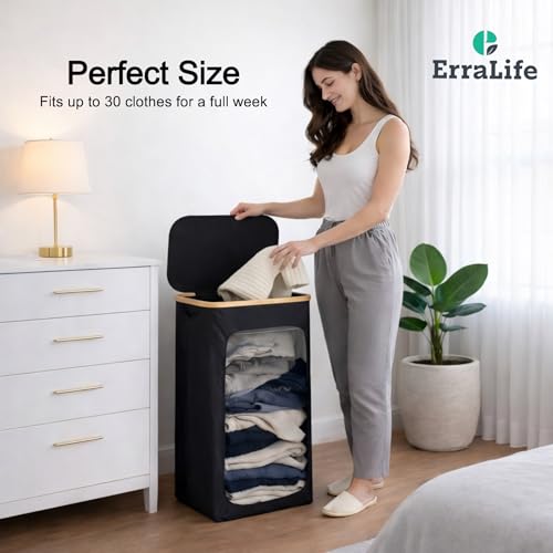 Slim Laundry Hamper with Lid, 60L Narrow Laundry Basket for Small Spaces, Collapsible Clothes Hamper with Bamboo Handles, Removable Inner Bag, Waterproof, Black