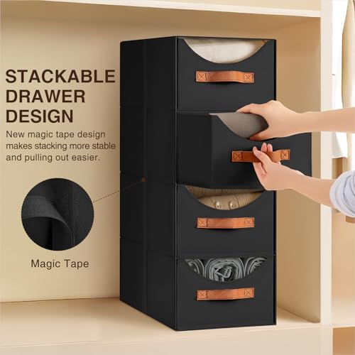 Homsorout Stackable Storage Drawers - Collapsible Storage Bins with Drawers, 6 Pack Closet Shelf Organizer Basket, Fabric Pull Out Organizer for Bedroom, Living Room, Dorm, Black - color: Black, size: 13 Inch. - 8 Pack