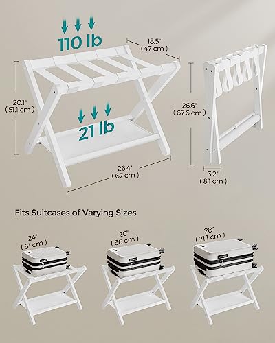 SONGMICS Luggage Rack, Folding Suitcase Stand with Storage Shelf, for Guest Room, Hotel, Bedroom, Heavy-Duty, Holds up to 131 lb, Classic White URLR007W01 - color: Classic White, size: 1 Pack