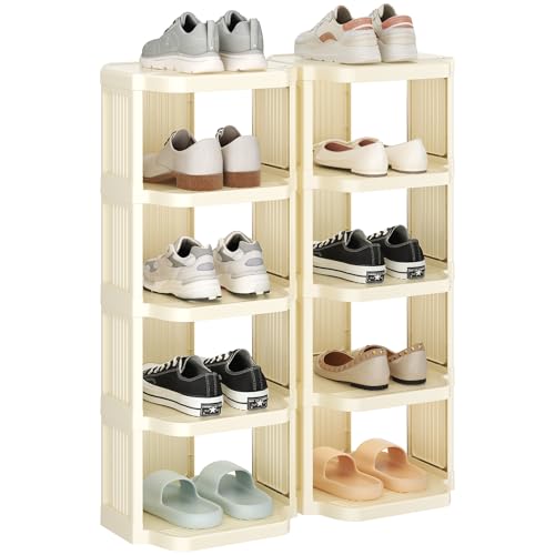 Kitstorack 10 Tiers Stackable Shoe Rack for Closet and Front Door Entrance - Free Standing Plastic Stand, Narrow Tall Vertical Organizer for Small Spaces Storage, White - color: Ivory, size: 10 Tiers