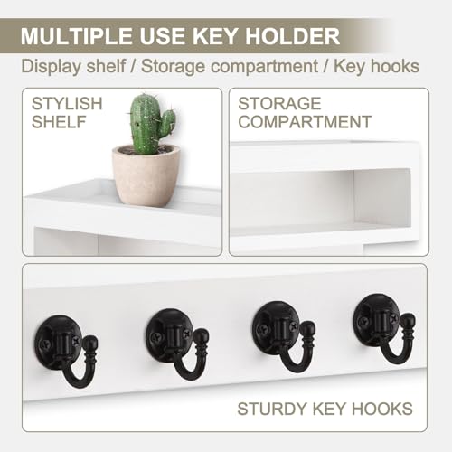 Key and Mail Holder Wall Mount, Key Hanger with Long Storage Box and 6 Hooks for Coat, Dog Leash, Home Decor Rack, House Accessories, Entry Way Organizer (White) - color: White