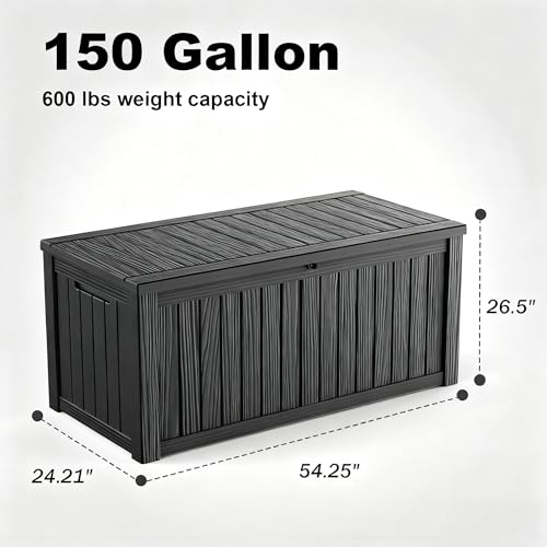 150 Gallon Waterproof Outdoor Storage Box, UV Resistant Resin Deck Box with Hydraulic Rod for Reinforced Stability, Perfect for Patio, Garden, and Pool, Striped Black - color: Black, size: 150 Gallon