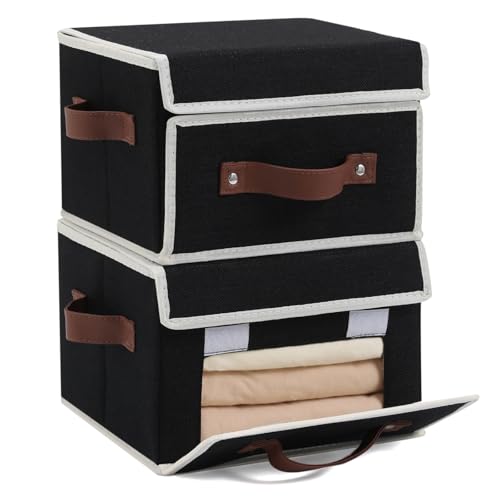 2PCS Storage Bins Box with Lids Front Opening Window Decorative Cotton Linen Fabric Basket PU Leather Handles PP Board Foldable Washable Shelf Closet Organizer Container (Black, Small) - color: Black, size: Small ( Pack of 2 )
