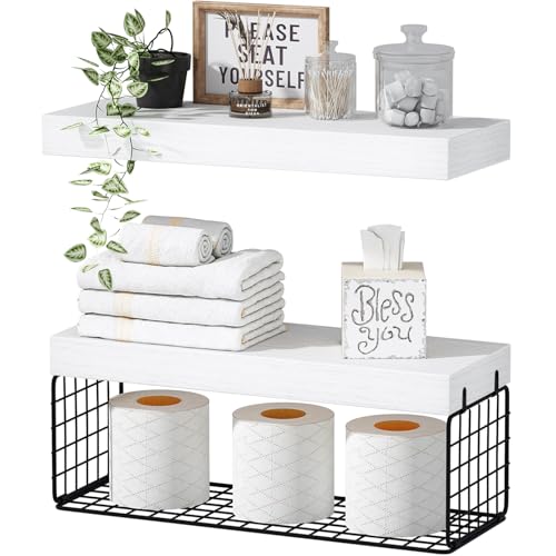 QEEIG Bathroom Shelves Over Toilet - Wall Mounted Floating Shelves Toilet Paper Storage Small Farmhouse Decor Shelf 16 inch Set of 2, White and Black (019-WB2) - color: F. White & Black, size: 2pcs
