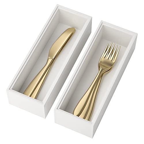 Lixple Utensil Organizer Silverware Drawer Organizer - Set of 2, Stackable Kitchen Organization, Bamboo Storage Box Tray for Kitchen Gadgets Bathroom Countertop (White) - color: White, size: 9 x 3 x 2 Inch