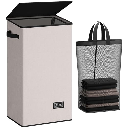 SOLEDI Laundry Hamper with Lid 100L Large & Tall Collapsible Laundry Basket, Clothes Hamper with Bag Removable Easy to Carry, Dirty Hampers for Bedroom, Bathroom, Dorm, College,Light taupe - color: Light taupe, size: 100L