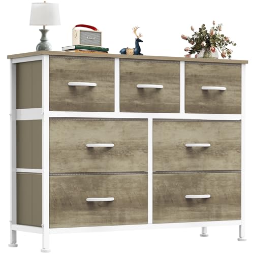 OLIXIS 7 Drawers Dresser for Bedroom, Fabric Storage Tower for Living Room, Entryway - Sturdy Steel Frame, Wooden Top and Easy Pull Fabric Bins, Closet Chests Organizer for Clothes,Oak Greige - color: Oak Greige, size: 11.8"D x 39.4"W x 30"H (7 Drawers)