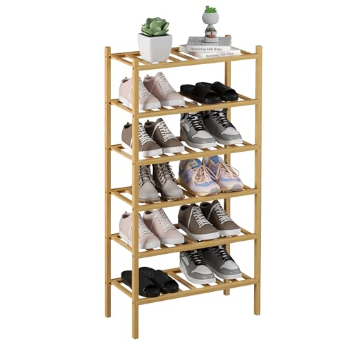 ROMGUAR CRAFT 6-Tier Bamboo Small Shoe Rack, Free Standing Wood Shoe Shelf Storage Organizer for Closet Entryway Stackable (Natural) - color: Natural, size: 6-Tier(Small)