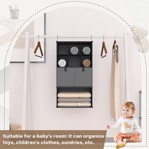 Hanging Closet Organizer 4 Shelves, 2 Drawers Closet Organization and Storage, 6 Compartments Wardrobe Clothes Organizer, Dark Gray
