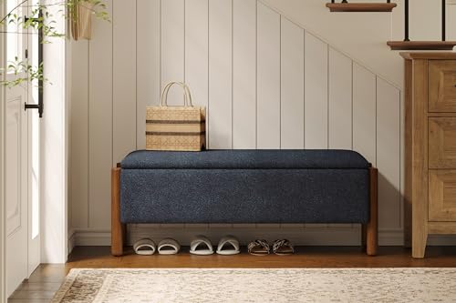 Modern Storage Benches with Walnut Wood Legs, 47'' Ottoman Bench with 20 Gallons Storage Space for Bedroom End of Bed, Fabric Upholstered Entryway Bench with Seating for Livingroom, Blue - color: Blue
