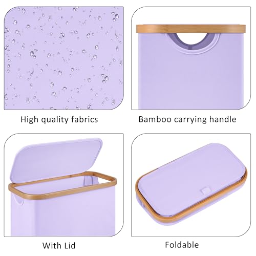 Slim Laundry Basket,60L Laundry Hamper with Lid, Tall Hamper for Laundry,Dirty Cloth Hamper with Bamboo Handle for Toys,Towels, Clothes Organizing,Purple - color: Purple, size: 60L Slim