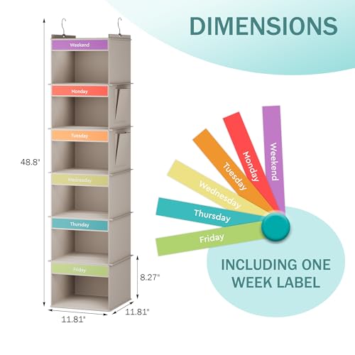 YOUDENOVA 6-Shelf Weekly Hanging Closet Organizer, Weekly Clothes Organizers for Kids with 2 Side Pockets, Light Grey - color: Light Grey