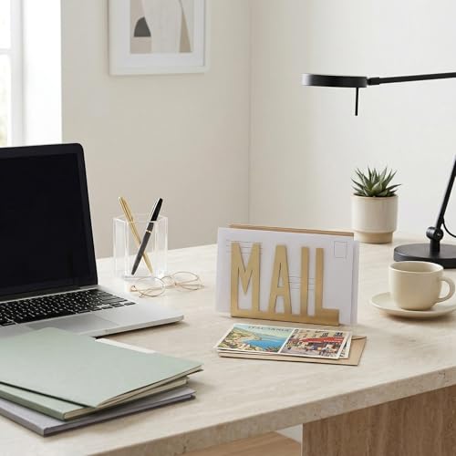 MyGift Mail Holder Organizer Countertop Modern Brass Metal with Cutout MAIL Lettering Design, Office Desktop Envelope and Document Storage Rack - color: Brass
