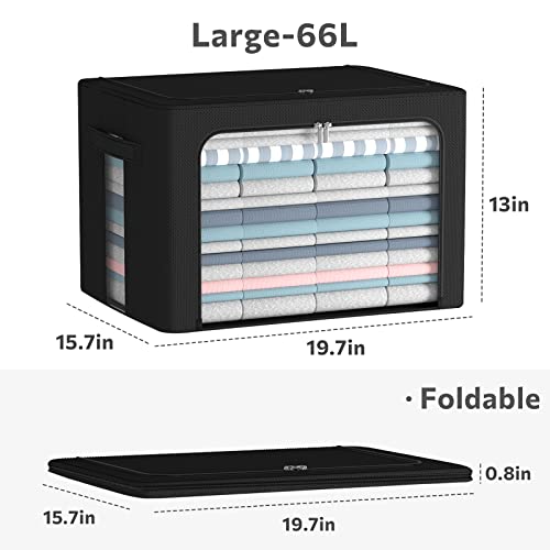 CYhom Clothes Storage Bins Box - Linen Fabric Foldable Stackable Container Organizer Set with Clear Window & Carry Handles & Metal Frame (Black, Large-66L) - color: Black, size: Large-66L