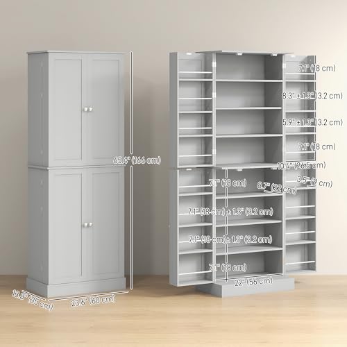 HOMCOM 65" Kitchen Pantry Storage Cabinet, Freestanding Kitchen Cabinet with 16 Door Shelves, Double Doors, 8-Tier Shelving and Adjustable Shelves, Gray - color: Grey, size: 65"H