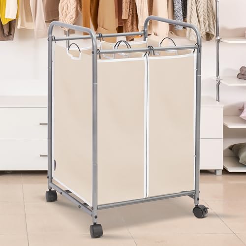STORAGE MANIAC Laundry Sorter 2 Section, 90 L Gal Laundry Hamper with Wheels, Clothes Basket Separator Sorter, 2 Bag Clothes Cart with Wheels and Removable Bags for Closet, Dorm, Collage, Beige - color: Beige, size: 2 Section