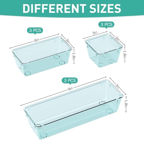 WOWBOX 9 Pack Clear Drawer Organizer Set, Acrylic Drawer Storage Trays, Storage Bins for Makeup, Cosmetics, Jewelries, Utensils, Gadgets, Office, Sea Blue - color: Sea Blue, size: 9 PCS