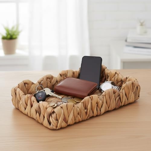 Rustic Wicker Key Basket for Entryway Table, Handwoven Valet Catchall Tray for Dresser, Decorative Petal-Arc Border Trays for Keys Wallet & More, 12"x8"