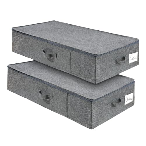 2 Pack Large Under Bed Storage Containers with Lid,Ultra Thick Underbed Clothes Storage Organizer with Sturdy Sidewalls,Foldable Under Bed Bag for Shoe,Blankets,Sweater,30x15x7 inch,Grey