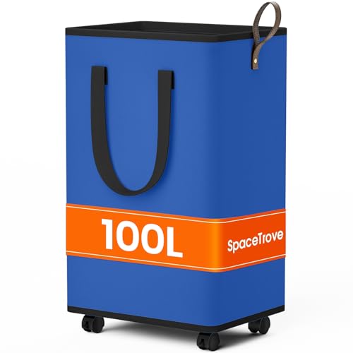 SpaceTrove Laundry Basket with Wheels, Collapsible Laundry Baskets, Laundry Hamper with Handles Detachable Wheels, Rolling Laundry Basket, Dirty Clothes Hamper for Bathroom, Dorm, Bedroom, Blue, 100L - color: Blue, size: 100L