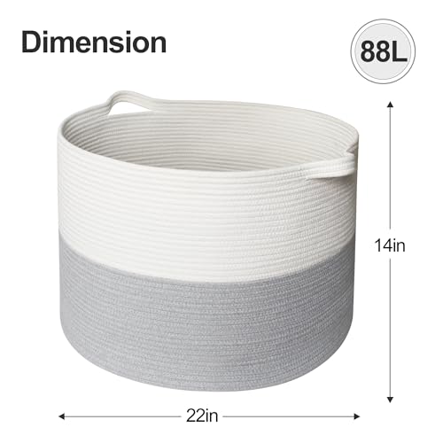 Extra Large Blanket Basket, 22"x14" Woven Cotton Rope Baskets for Organizing, Kids Dog Toy Bin Box, Large Wicker Blanket Storage for Living Room, Throw Pillow Holder Organizer, Gray/White - color: Gray and White