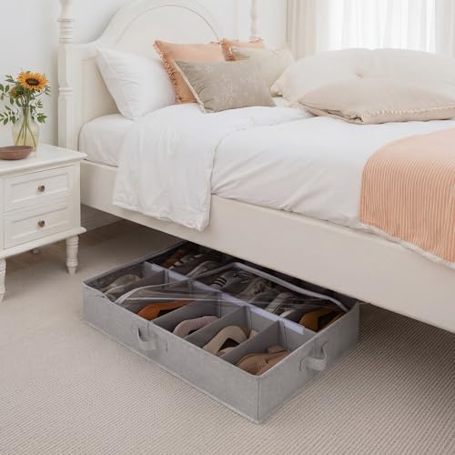 StorageWorks Shoe Organizer for Closet, Fits up to 24 Pairs, 2-Pack Ultra-thick Fabric Under Bed Shoe Storage Containers with Bottom Support and Adjustable Dividers, Grey - color: Gray, style: Adjustable Divider